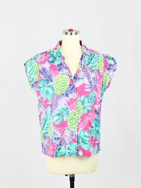 Vintage 90s HILO HATTIE Hawaiian Floral 100% Cotton Cap Sleeve Shirt Top, Size L